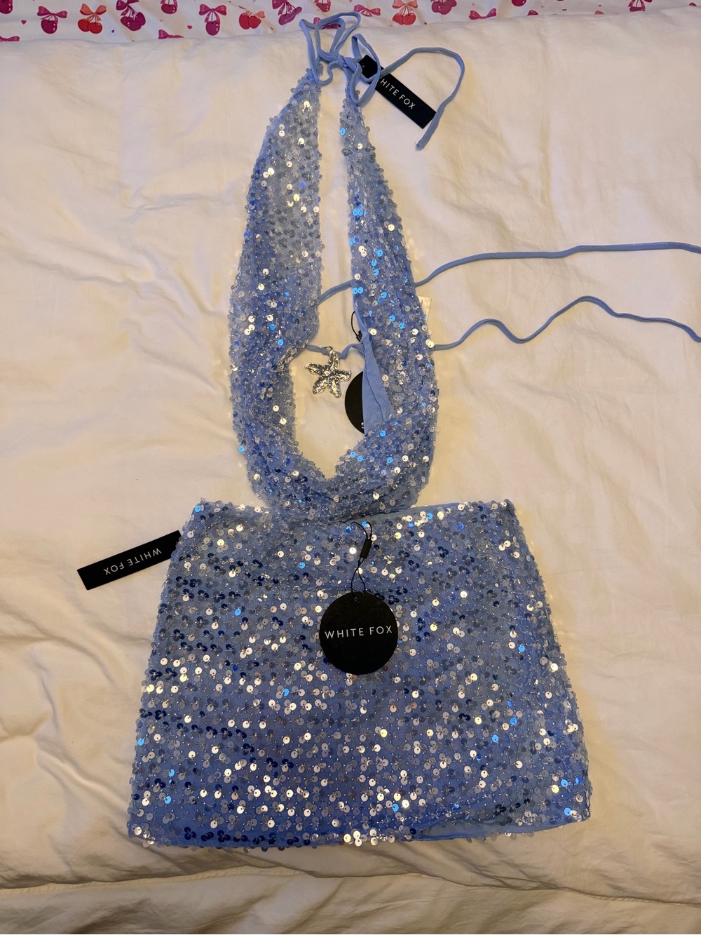 White Fox Boutique Light Blue Sequin Mini Skirt
